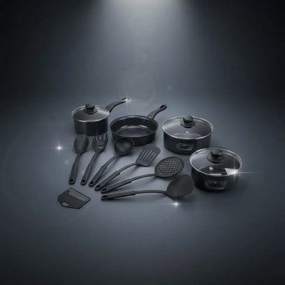 Kit de ollas de 13 piezas en color pastel con utensilios incluidos. Es una batería de cocina moderna, de materiales resistentes, fácil de limpiar y guardar. Ideal para el uso diario y para regalar al estrenar casa o en el Día de la Madre.