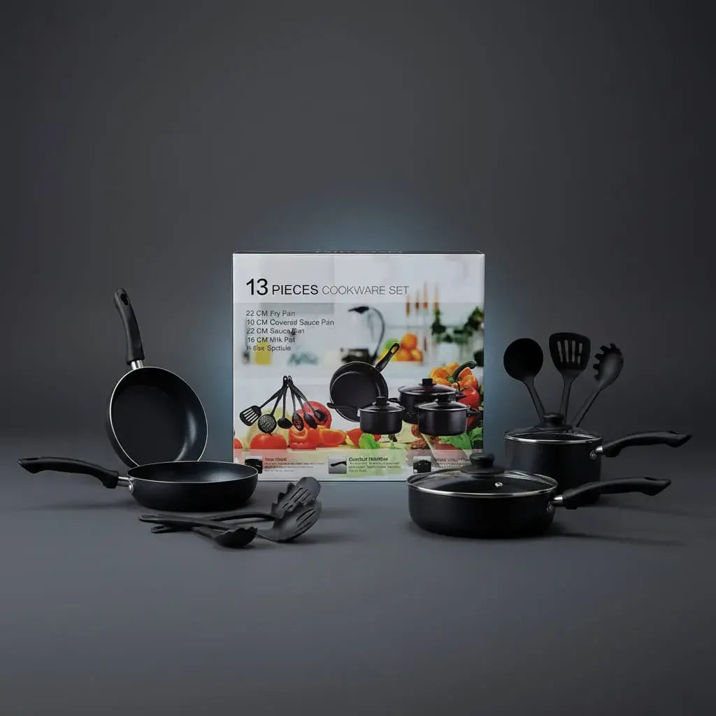 Kit de ollas de 13 piezas en color pastel con utensilios incluidos. Es una batería de cocina moderna, de materiales resistentes, fácil de limpiar y guardar. Ideal para el uso diario y para regalar al estrenar casa o en el Día de la Madre.
