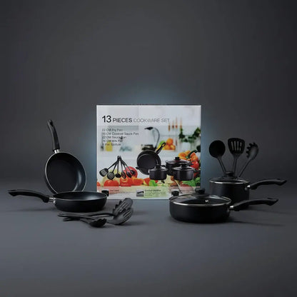 Kit de ollas de 13 piezas en color pastel con utensilios incluidos. Es una batería de cocina moderna, de materiales resistentes, fácil de limpiar y guardar. Ideal para el uso diario y para regalar al estrenar casa o en el Día de la Madre.