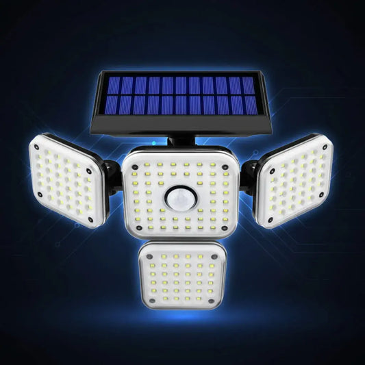 Lámpara solar de 3 cabezas ajustables con 192 LED, sensor de movimiento y control remoto. Resistente al agua, sin cables y sin costo de energía. Ilumina patios, garajes, entradas y fincas.