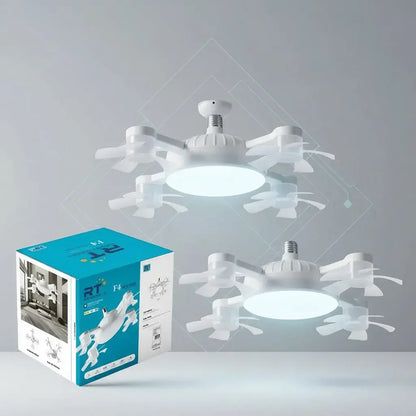 Lámpara ventilador de techo LED con 4 aspas plegables y control remoto. Se enrosca en el socket del bombillo E27, sin obra ni cableado. Luz y aire, cambia velocidad y tono de luz.