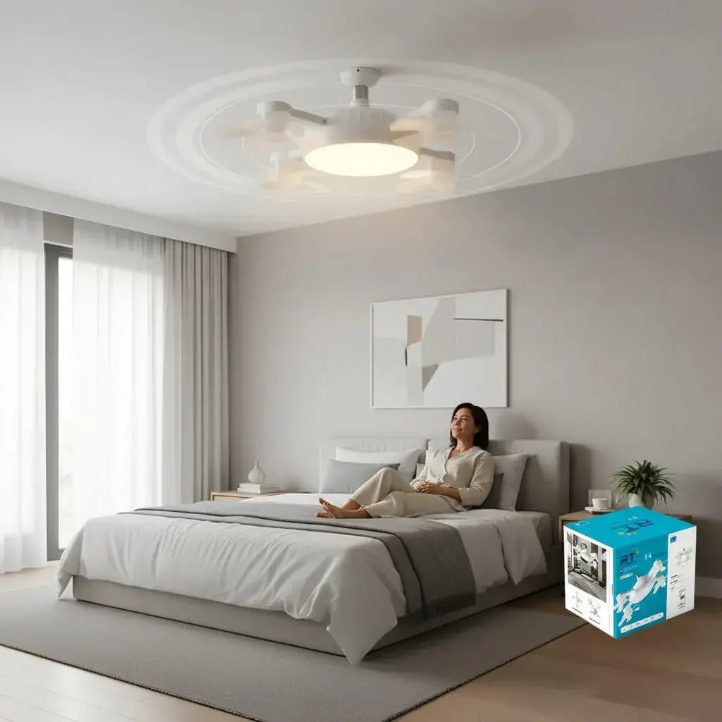 Lámpara ventilador de techo LED con 4 aspas plegables y control remoto. Se enrosca en el socket del bombillo E27, sin obra ni cableado. Luz y aire, cambia velocidad y tono de luz.