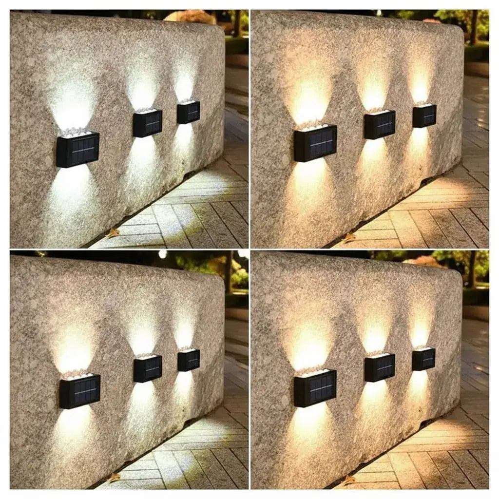 Kit de 2 lámparas solares de pared mini con 6 LED. Se cargan con el sol y se encienden solas al anochecer, sin cables ni factura de luz. Fáciles de instalar en patio, jardín, escaleras, entradas y garaje.