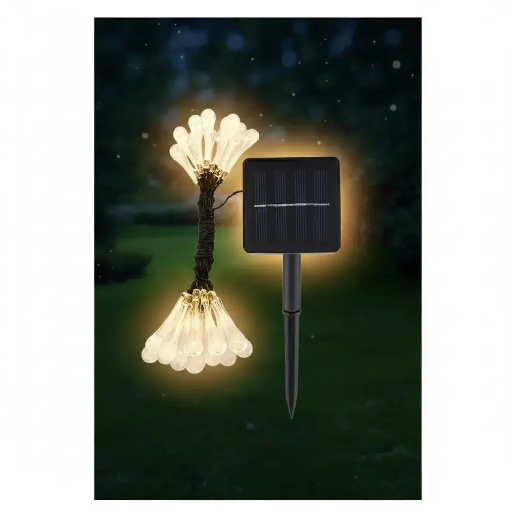 Cadena de luces solares LED de 10 m con 100 luces tipo gota, 8 modos de luz y resistencia al agua IP65. Duran más de 8 horas en la noche, se cargan con el sol y no necesitan cables. Ideales para jardines, rejas, árboles y terrazas.