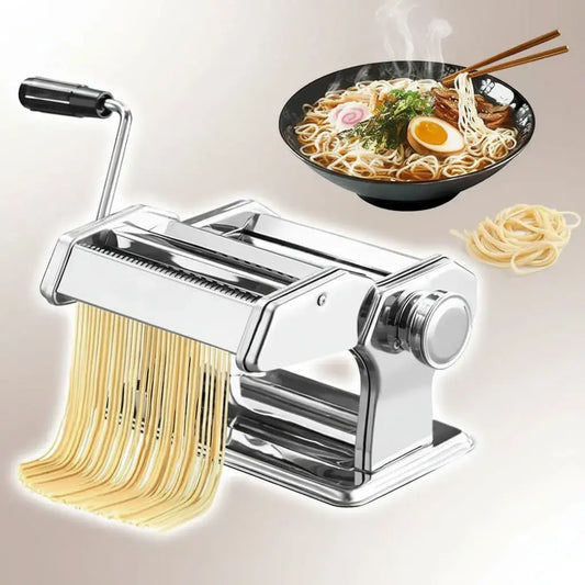 Máquina manual para hacer pasta de 150 mm en acero inoxidable. 7 niveles de grosor de 0,3 a 3 mm y cortador de 2 y 4 mm. Prepara lasaña, espaguetis, fettuccine y masa para dumplings en casa.