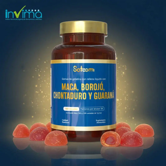 Maca, borojó, chontaduro y guaraná Satoomi, energizante natural premium de uso diario. Cuatro superalimentos latinoamericanos que apoyan tu energía, tu vitalidad y tu rendimiento físico. Frasco x 100 unidades. Con INVIMA.