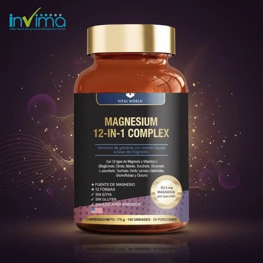 Magnesio 12 en 1 de Vital World, con 12 formas de magnesio y vitamina C en 100 cápsulas líquidas. Contribuye a disminuir el cansancio, a la función muscular y al sistema nervioso normal. Sin azúcar, sin soya, sin gluten y con registro INVIMA.