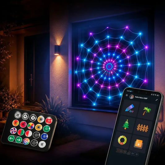 Malla de luces LED RGB tipo telaraña de 135 cm con 120 LED multicolor, control desde una app y control remoto, y conexión USB. Tiene miles de colores y efectos. Ideal para decorar puertas, ventanas y paredes en Halloween, Navidad y fiestas.