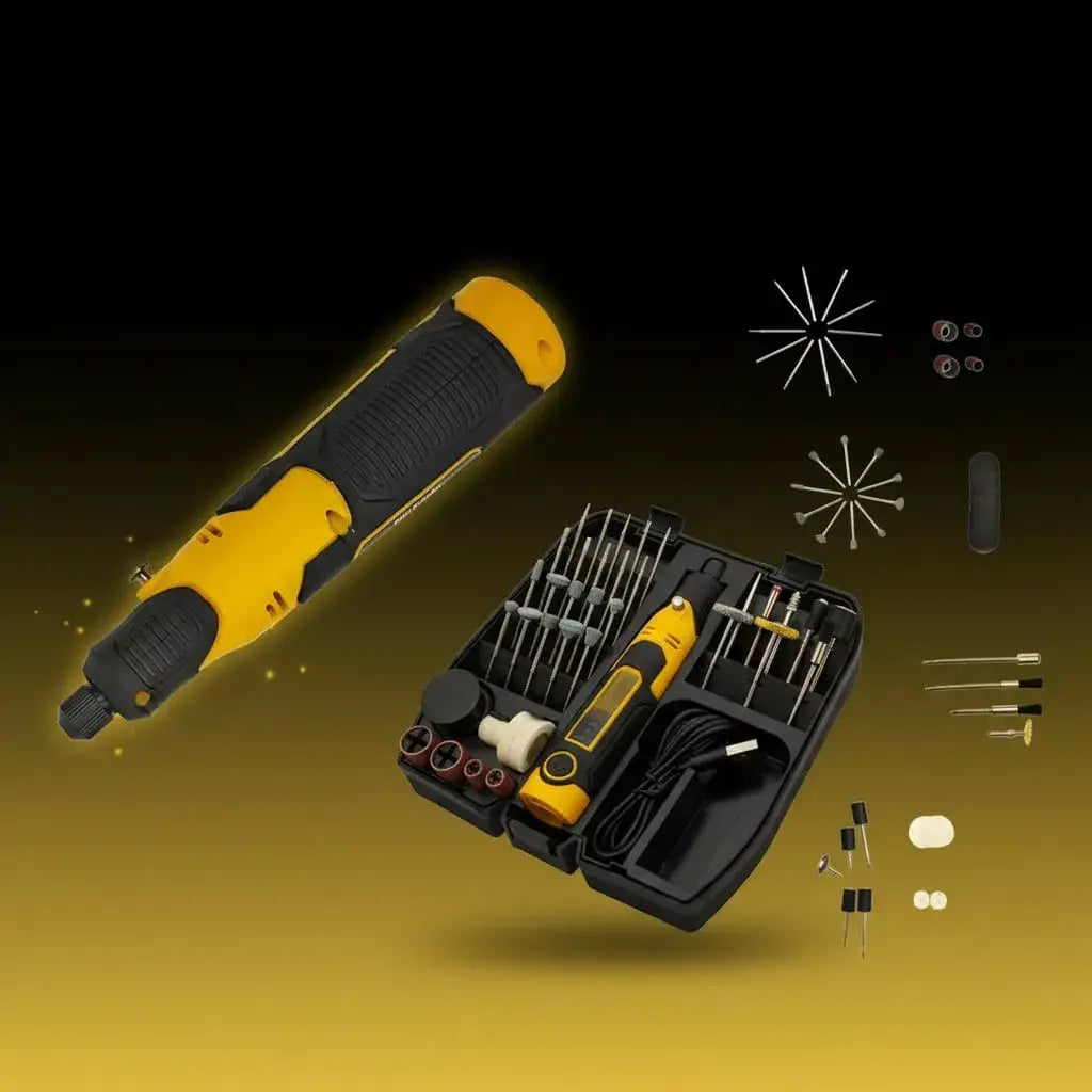 Mini mototool inalámbrico y recargable por USB, de hasta 17.000 RPM con velocidad ajustable. Incluye 59 accesorios y estuche. Ideal para grabar, tallar, pulir, lijar y cortar en manualidades y bricolaje.