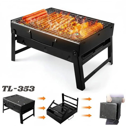 Mini parrilla asador portátil plegable TL-353 de carbón, tipo maletín con manija. Plegada mide 35 x 28 x 6,5 cm y se arma en 4 pasos, sin herramientas. Tiene ventilación lateral y piezas removibles. Ideal para balcón, camping y paseos.