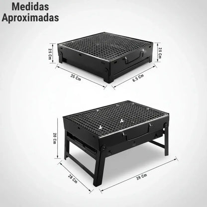 Mini parrilla asador portátil plegable TL-353 de carbón, tipo maletín con manija. Plegada mide 35 x 28 x 6,5 cm y se arma en 4 pasos, sin herramientas. Tiene ventilación lateral y piezas removibles. Ideal para balcón, camping y paseos.