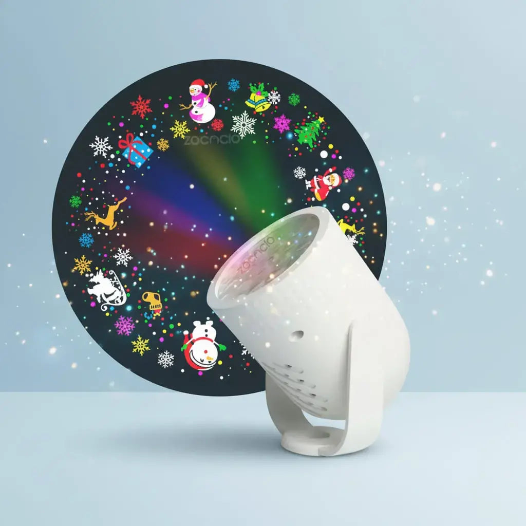 Mini proyector LED de figuras navideñas animadas que giran en el techo o la pared. Conexión USB de 5 V, sin instalación y bajo consumo de 4 W. Ideal para habitaciones, salas, novenas y fiestas de diciembre.