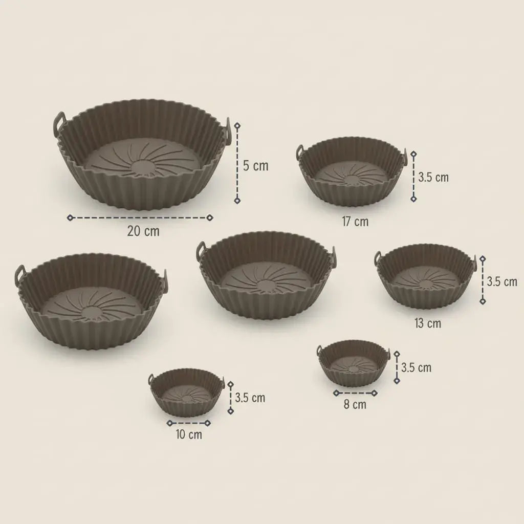 Pack de 6 moldes protectores de silicona de grado alimenticio para freidora de aire, resistentes de -40 °C a 240 °C. Son reutilizables, reemplazan el papel de horno y protegen la canasta de la grasa. Fáciles de lavar.