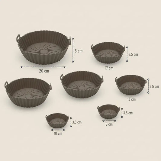 Pack de 6 moldes protectores de silicona de grado alimenticio para freidora de aire, resistentes de -40 °C a 240 °C. Son reutilizables, reemplazan el papel de horno y protegen la canasta de la grasa. Fáciles de lavar.