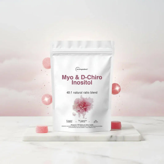 Myo-Inositol y D-Chiro-Inositol en proporción 40:1 de Microingredients. Fórmula premium para tu bienestar femenino y metabólico. 100 unidades en doypack resellable. Sin azúcar añadida, colorantes ni gluten. Con INVIMA.