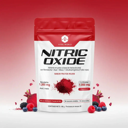 Nitric Oxide de Vital World: bebida en polvo sabor frutos rojos con 1.200 mg de remolacha, 1.000 mg de L-citrulina, arginina, asaí, maca y vitamina C. Sin azúcar, sin edulcorantes y sin cafeína. Rinde 30 porciones.
