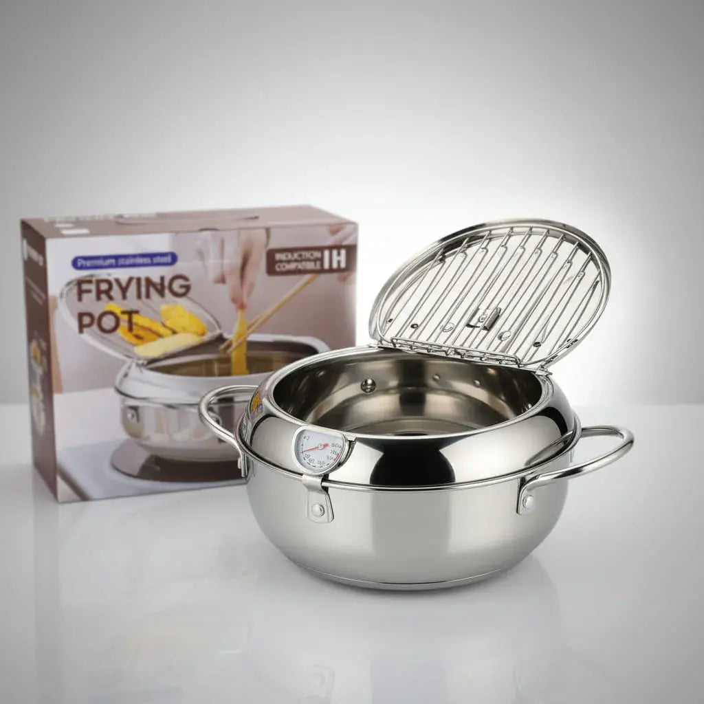 Olla freidora de acero inoxidable con termómetro integrado para controlar la temperatura del aceite, rejilla escurridora abatible y asas resistentes al calor. Sirve para gas, eléctrica, vitrocerámica e inducción. Frituras crocantes y parejas.