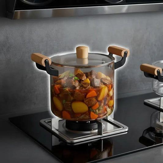 Olla de vidrio de borosilicato de 5,5 litros, resistente al calor, con tapa y asas de madera. Es transparente, así que ves la comida mientras se cocina. Ideal para sopas, caldos y guisos a fuego lento. Diseño minimalista para la estufa y la mesa.