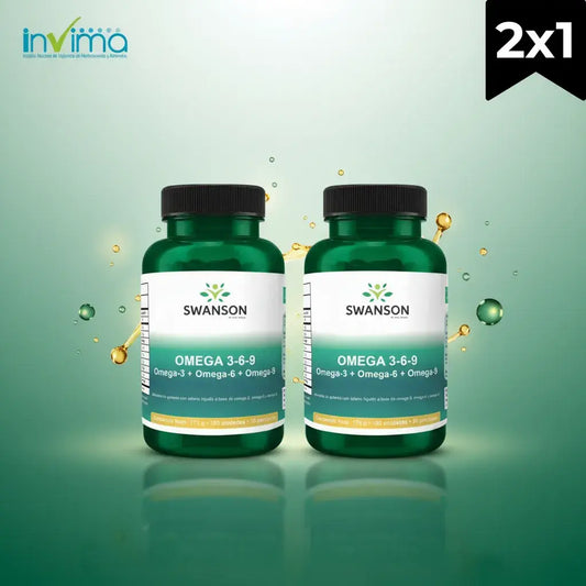 Combo x2 de Omega 3-6-9 de Vital World: 200 softgels con aceite de pescado (EPA y DHA), Omega-6 y Omega-9, que rinden 100 porciones para más de 3 meses. Sin azúcares añadidos, fabricado en Colombia y con registro INVIMA.
