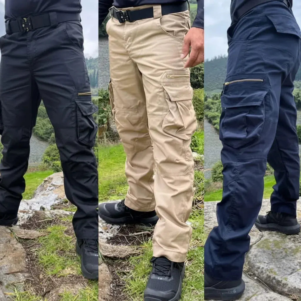 Pantalón táctico cargo para hombre en tela resistente, con bolsillos laterales amplios y bolsillo con cierre en la pierna. Corte ergonómico con libertad de movimiento. Negro, beige y azul oscuro. Trabajo y aventura.