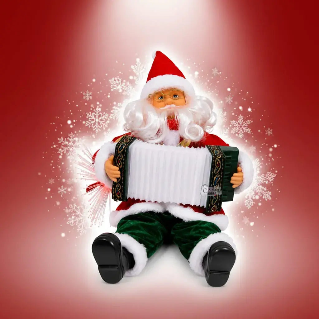 Papá Noel musical con acordeón y luces LED multicolor que toca melodías navideñas. Es una figura decorativa ideal para la sala, las repisas, la chimenea, la oficina y las vitrinas. Un regalo navideño que sorprende a toda la familia.