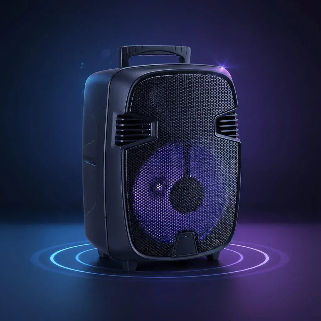 Parlante Bluetooth NIA AN-2051 recargable con micrófono, control remoto, control de eco, bajos y agudos, TWS, radio FM, USB y SD. Tiene hasta 8 horas de batería y base para trípode. Ideal para karaoke, clases, negocios y eventos.