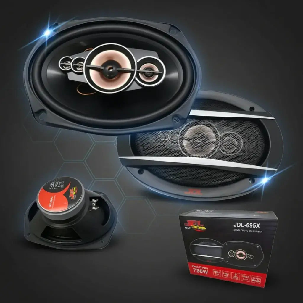 Parlantes para carro JDL 6x9 ovalados, coaxiales de 5 vías con Extra Bass. 90 W RMS, 750 W de pico y 4 ohmios. Graves profundos y agudos claros para carros y camionetas. Ideales para la bandeja trasera.