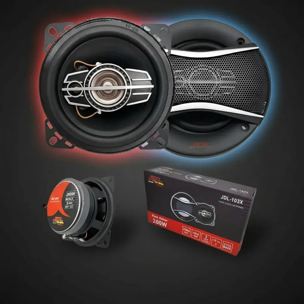 Parlantes para carro JDL de 4 pulgadas y 200 W de potencia máxima. Compactos, ideales para el tablero y las puertas pequeñas. Sonido claro y nítido para tu música, podcasts y llamadas. Reemplaza los de fábrica.