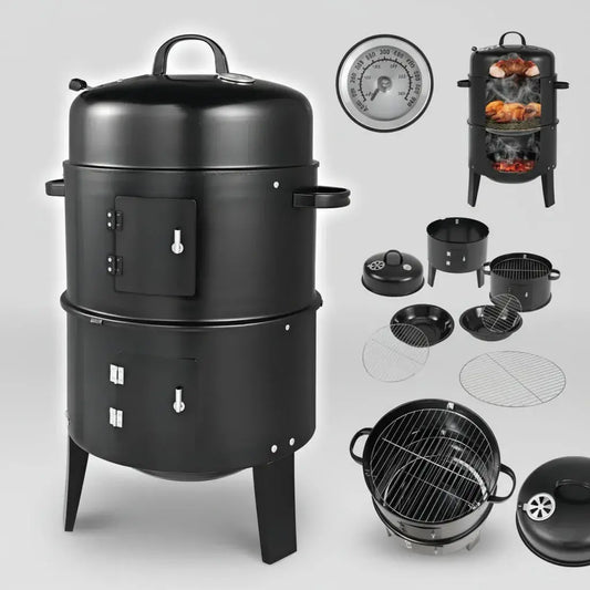 Parrilla asador ahumador de carbón 3 en 1: ahumador vertical, parrilla y fogón. Tiene 2 rejillas, ganchos para colgar carnes, termómetro integrado, ventilaciones ajustables y puertas frontales. Es de acero reforzado, ideal para asados en la finca o el patio.