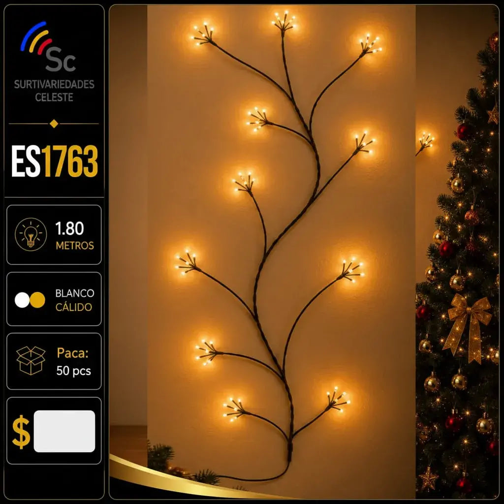 Rama de Luces LED Decorativas 1,80 m con 288 LED – Luces Navideñas tipo Cascada para Árbol, Pared y Vitrina