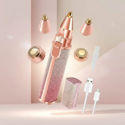 Recortadora facial 2 en 1 para mujer, recargable por USB. Retira el vello del bozo, mentón y mejillas y perfila las cejas sin dolor. Luz LED, 2 cabezales y diseño tipo labial para llevar en el bolso.