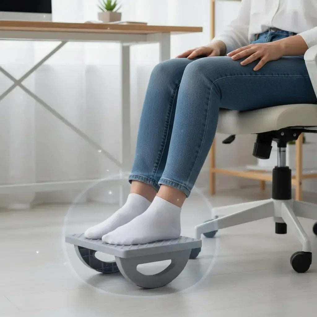 Reposapiés de escritorio con 3 rodillos masajeadores y superficie antideslizante. Mantiene los pies en una posición más cómoda mientras trabajas o estudias. Ideal para oficina y home office.