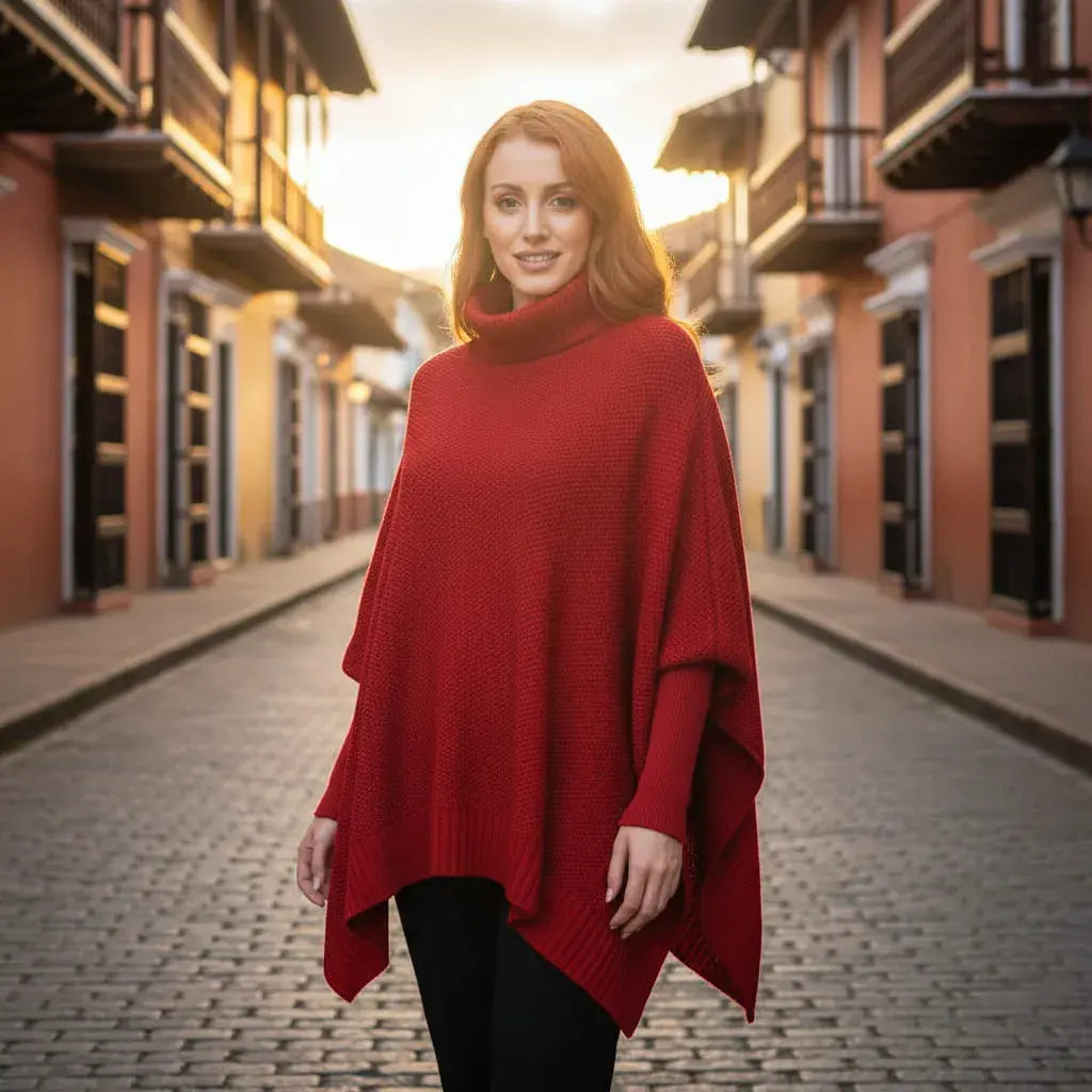 Ruana Sofía roja para mujer en acrílico suave, cálido y liviano. Cuello alto en rib, mangas largas con puños ajustados y silueta oversize. Talla única. Hecha en Colombia. Ideal para diciembre.