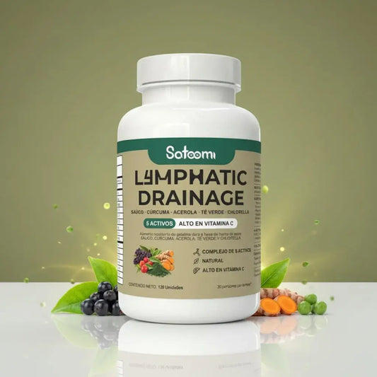 Lymphatic Drainage de Satoomi: chlorella 600 mg, saúco, acerola, té verde y cúrcuma, alto en vitamina C (61 mg) por porción. La vitamina C contribuye al sistema inmunitario. Sin azúcar añadida, con 30 porciones y registro INVIMA.