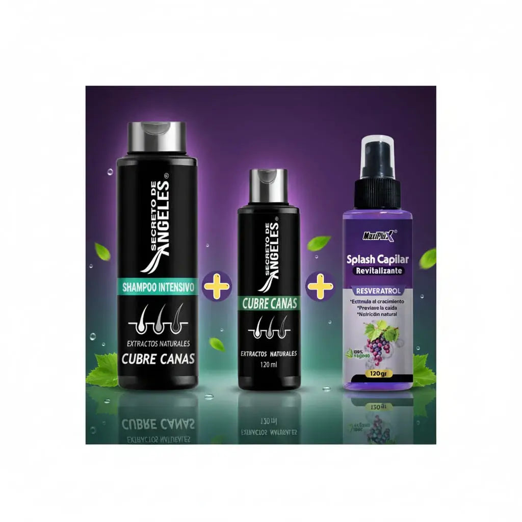 Kit shampoo cubre canas + splash capilar. Disimula las canas de forma gradual con cada lavada, sin tinte tradicional. El splash deja aroma fresco y brillo. Para hombre y mujer.