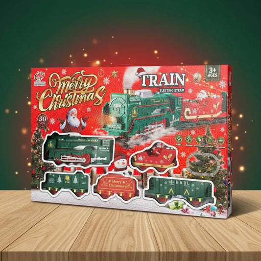 Tren navideño eléctrico Merry Christmas de 30 piezas, con humo real, luces LED y sonidos de tren. Sus vías forman un circuito de 6,24 m, ideal para rodear el árbol de Navidad. Funciona con pilas AA y es para niños desde 3 años.