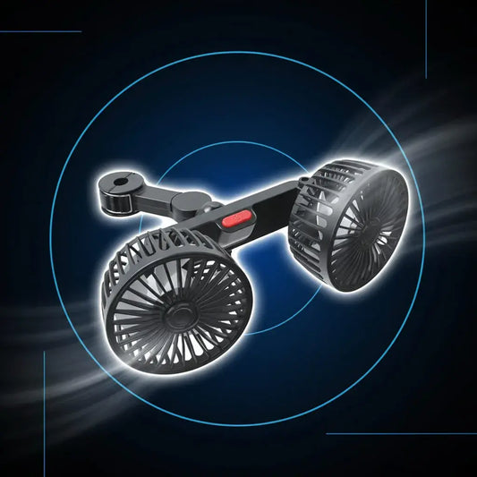 Ventilador doble para carro con 2 cabezales ajustables por separado, para conductor y pasajero. Se conecta al encendedor (12 V) y funciona de inmediato. Ideal para carros sin aire acondicionado y días de calor.