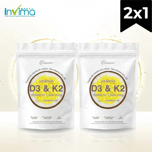Combo x2 de Vitamina D3 + K2 en softgel, con 10.000 UI de D3 y 200 mcg de K2 en aceite de coco. Trae 180 cápsulas en doypack resellable. Contribuye a la absorción del calcio, a los huesos y a las defensas. Sin gluten ni azúcar.