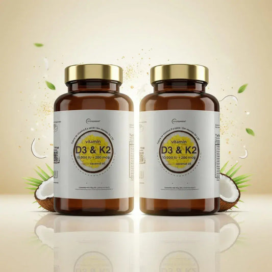 Kit x2 de Vitamina D3 + K2 en softgel: 10.000 UI de D3 y 200 mcg de K2 en aceite de coco. Apoya tus huesos, tus defensas y la absorción del calcio. 180 cápsulas para 6 meses. Sin gluten.