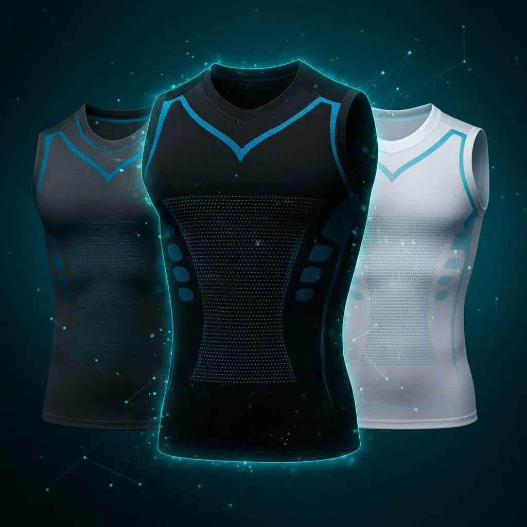 Camisilla de compresión deportiva para hombre Ionfit Pro, sin mangas, en tela elástica y transpirable. Ajuste firme que realza el torso y da soporte al entrenar. Negro, gris y blanco con azul. Gym, running y ciclismo.