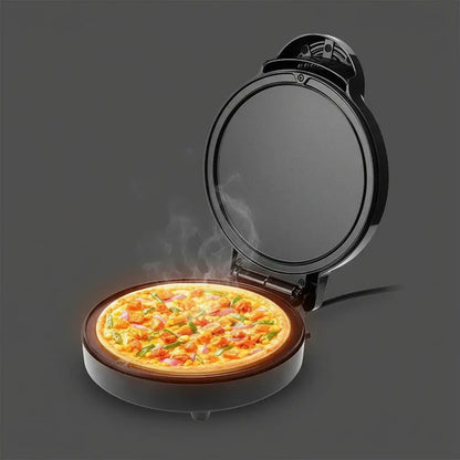 Máquina eléctrica para pizza con calor superior e inferior y temperatura ajustable. Superficie antiadherente fácil de limpiar. También prepara empanadas, arepas y quesadillas. Compacta, ideal para reuniones en familia.