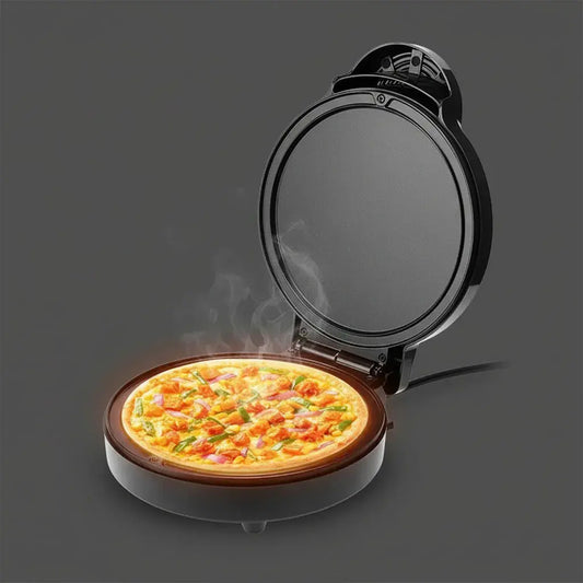 Máquina eléctrica para pizza con calor superior e inferior y temperatura ajustable. Superficie antiadherente fácil de limpiar. También prepara empanadas, arepas y quesadillas. Compacta, ideal para reuniones en familia.